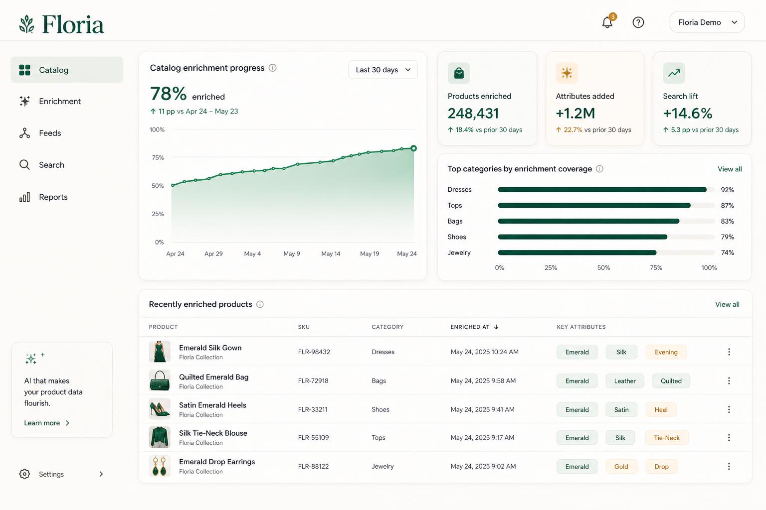 Amiel dashboard with catalog enrichment progress, KPI cards and recently enriched products