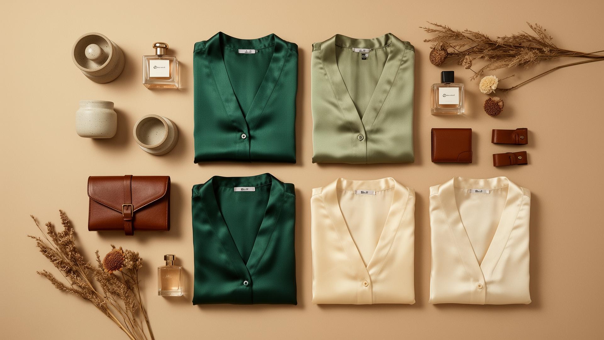 Curated flatlay of premium fashion catalog in emerald and cream tones