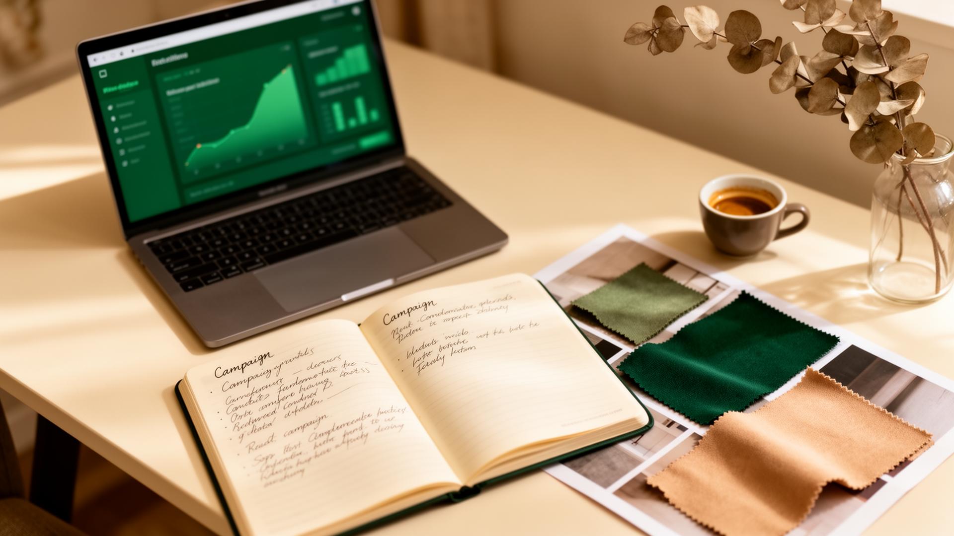 Campaign planning desk with analytics dashboard, notebook and fabric swatches