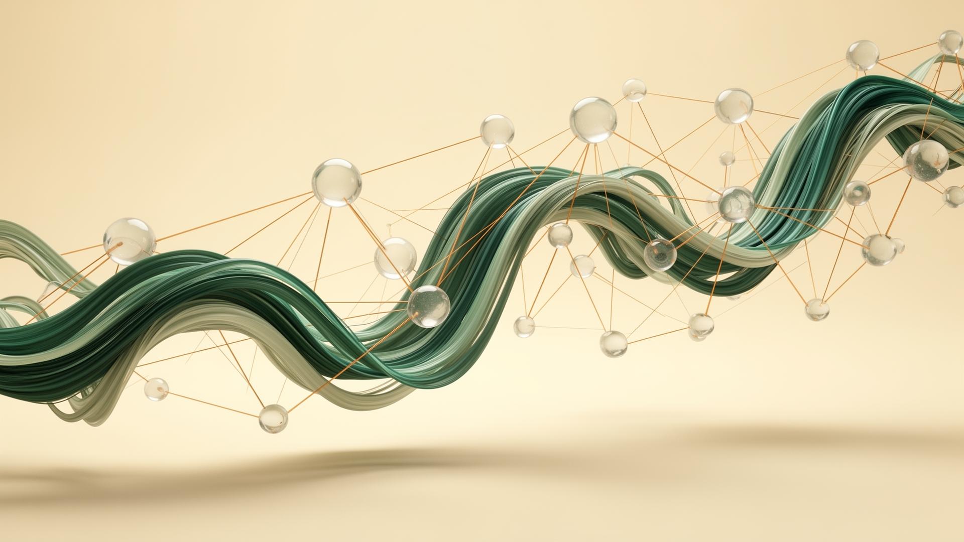 Abstract 3D render of an AI data platform with flowing emerald ribbons and connected glass nodes